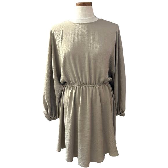 River Island Stone Drawstring Mini Dress 8 Sage Green Flowy Empire Waist Boho - Picture 2 of 13